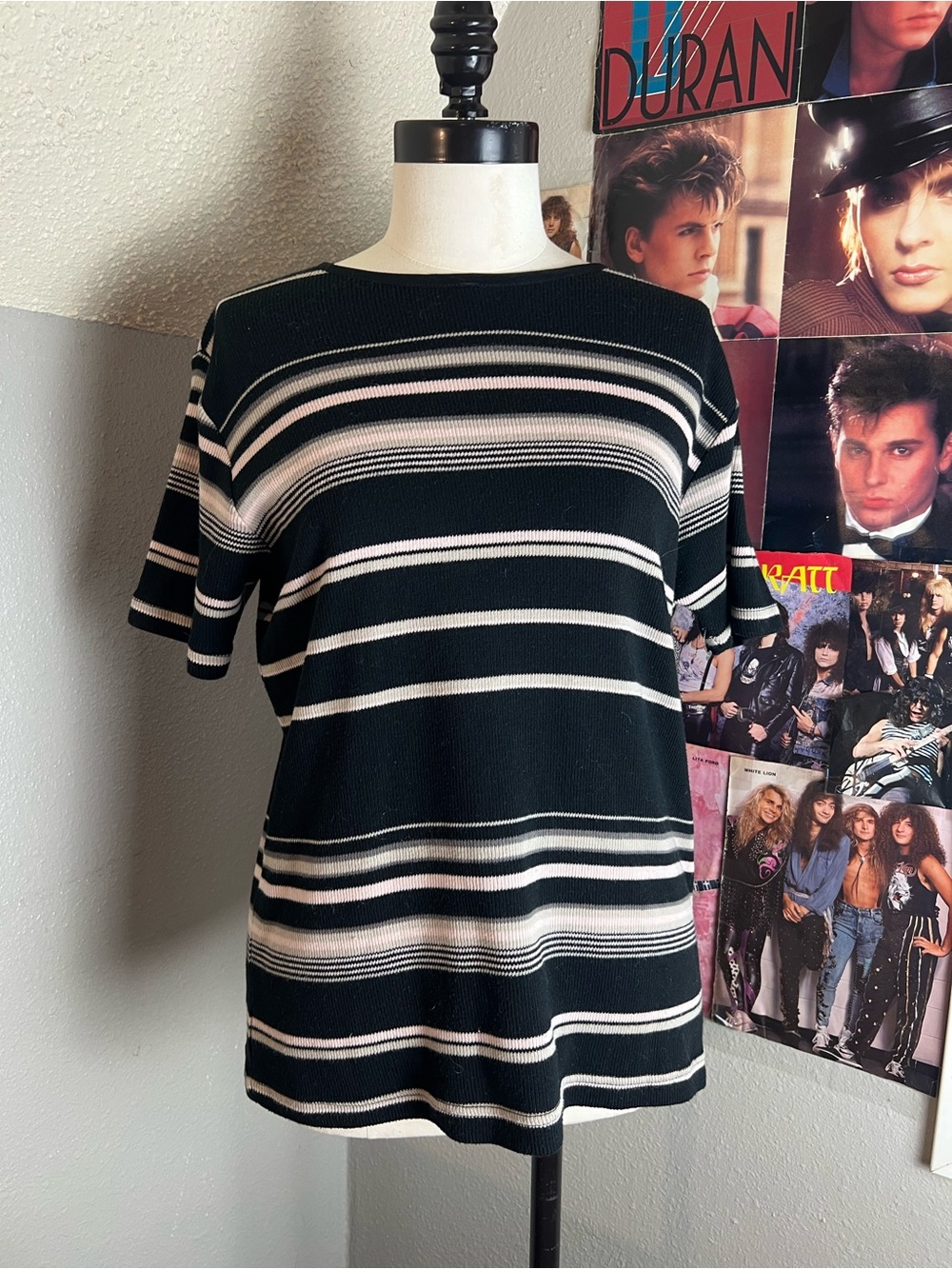 Sag Harbor Black and White Striped Crewneck Top